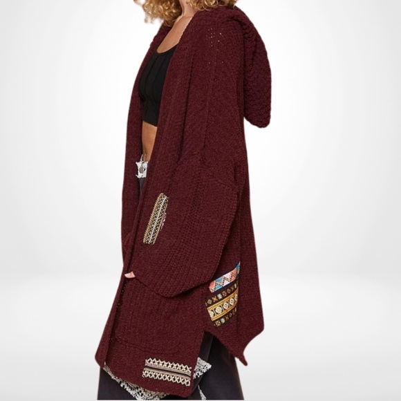 295. POL LAST 1! Soft CHENILLE PATCHWORK OVERSIZED Cardigan Sweater POCKET - Picture 2 of 4
